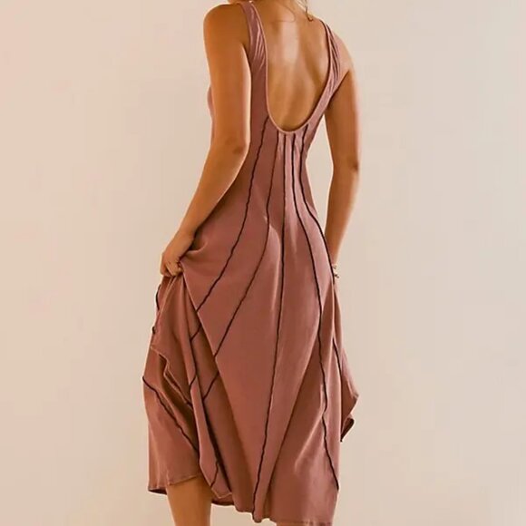 Free People Linene Blend Corrine Antique Oak Midi Dress - Picture 3 of 7